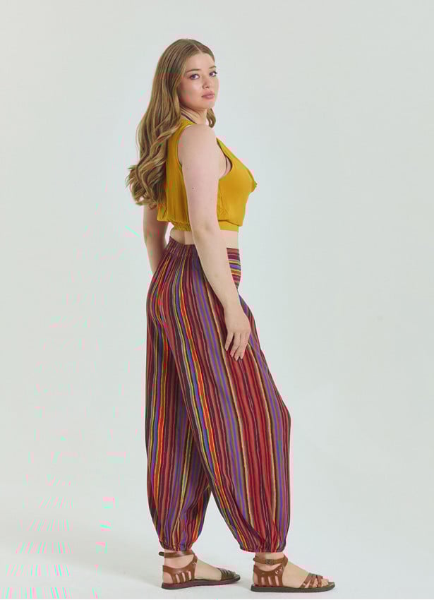 Elastic Waist Relaxed Cut Red Plus Size Trousers 4626